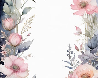水彩花柄フレーム デジタルペーパー：ブラッシュ＆グレーのボタニカル