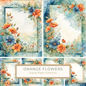 Confezione di carta digitale con fiori arancioni acquerellati su cornice floreale blu, bordo botanico, scrapbooking, stampa digitale, uso commerciale, 10 JPG