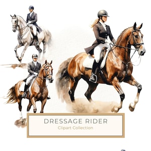 10 gracieux cavalier de dressage aquarelle imprimable, clipart équestre, Dessage concours PNG, art déco équitation anglais, usage Commercial