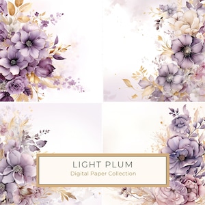 Puede incluir: Una colección de papel digital con cuatro diseños que presentan ilustraciones de acuarela de flores moradas y doradas. El texto "LIGHT PLUM Digital Paper Collection" se muestra en el centro de la imagen.