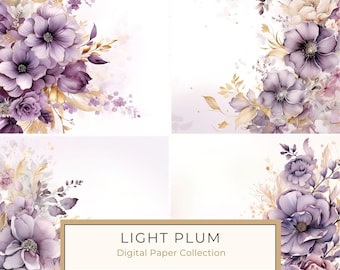 Light Plum Floral Digital Paper: Watercolor Flower Graphics (300 DPI JPG)