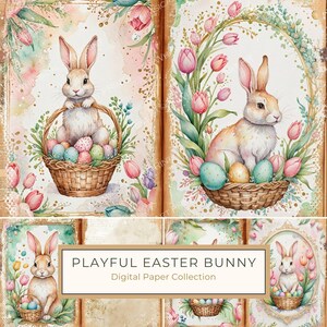 Papel digital Junk Journal con conejito de Pascua en acuarela y tulipanes, 10 archivos JPG tamaño carta para hacer álbumes de recortes, incluye uso comercial