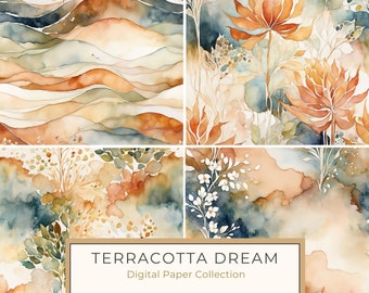Terracotta Dream Bohemian Floral Digital Paper Set, Sunburnt Terracotta and Cream Background Digital Art Printables, 10 JPGs Commercial Use