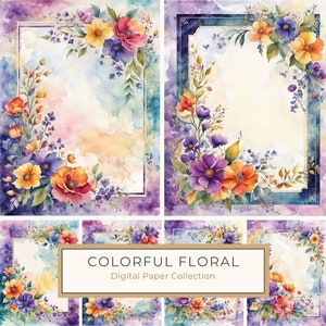 Paquet de papier numérique coloré bordure florale aquarelle, cadre de page botanique, album de mariage bricolage, impression numérique, usage commercial, 10 JPG