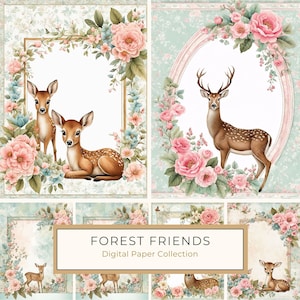 Juego de papel digital con acuarela de estilo shabby chic de Forest Friends con marco floral, ciervo del bosque, cervatillo adorable, regalo DIY, uso comercial, 10 archivos JPG