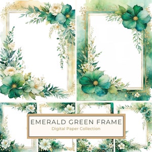 Könnte beinhalten: Eine digitale Papiersammlung mit sechs Rahmen, die Aquarell-Smaragdgrün- und weiße Blumen mit goldenen Akzenten zeigen. Der Text "EMERALD GREEN FRAME" und "Digital Paper Collection" wird in der Mitte des Bildes angezeigt.