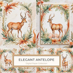 10 aquarel antilopen-functies met bloemenelementen digitaal papier, ideaal voor doe-het-zelf knutselen, scrapbooking en decor, jpg's, commercieel gebruik