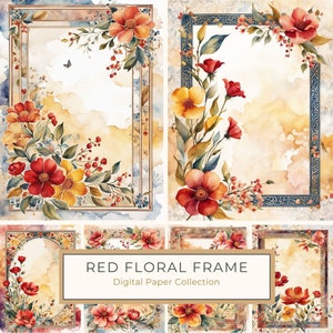 Aquarell Rot und Orange Blumen Bordüre Digitales Papier, Botanischer Seitenrahmen, Hochzeits-Sammelalbum, Digitaldruck, kommerzielle Nutzung, 10 JPGs
