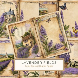 Páginas para impressão de diário vintage Lavender Fields Junk, 10 designs de meia página, conjunto de papel digital tamanho carta dos EUA para scrapbooking, uso comercial