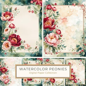 Juego de papeles digitales con diseño de peonías en acuarela, 10 archivos JPG, bordes y fondos florales en rosa y rojo para tarjetas de boda, álbumes de recortes y uso comercial