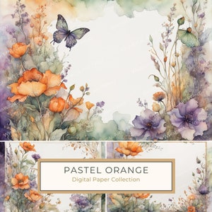 Paquete de papel digital con marco floral de acuarela naranja pastel, mezcla de morado y naranja, invitaciones DIY, fondo para álbumes de recortes, uso comercial, 10 archivos JPG
