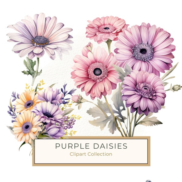 Purple Gerbera Daisy Bouquet Clipart,  Watercolor Gerbera Daisy Flowers Art Printable, Commercial Use, 10 High Quality 300 DPI JPG PNG