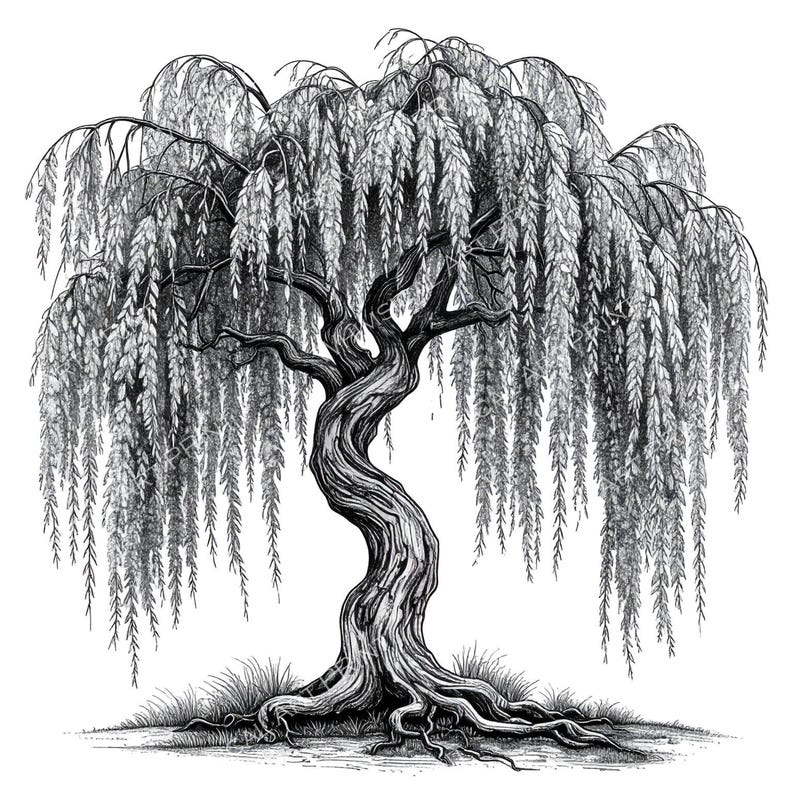 12 Weeping Willow Tree of Life Clipart – Watercolor Sketch Line Art ...
