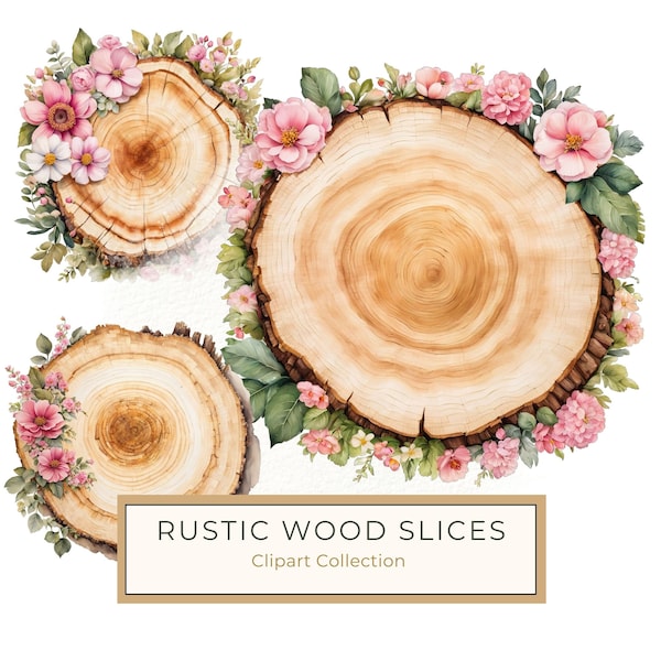 Rustic Wood Slice Clipart, Pink Flowers, Timber, Tree Growth Rings, Watercolor Digital Art, Commercial, Digital Download, 10 300 Dpi JPG PNG