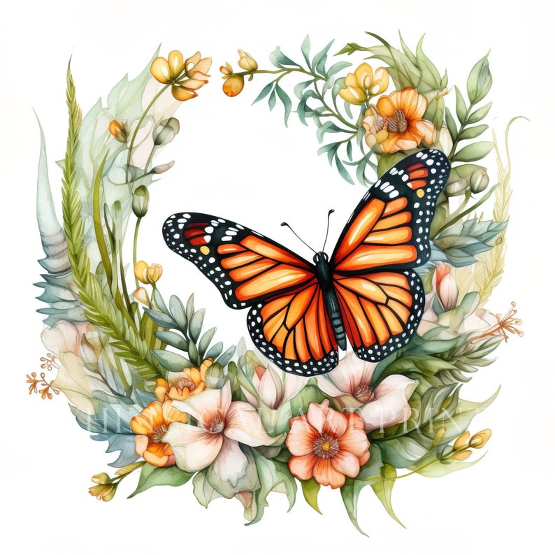 Monarch Butterfly Clipart, Wreath, Elegant Nature Illustration ...