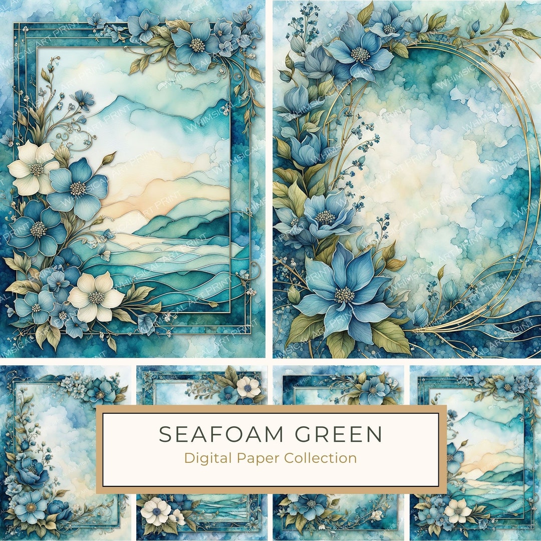 Watercolor Seafoam Green Border Digital Paper Pack, Botanical Page ...