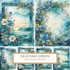 Paquet de papier numérique aquarelle écume de mer, bordure verte, cadre de page botanique, album de scrapbooking et carnets de notes à faire soi-même, impression numérique, usage commercial, 10 JPG