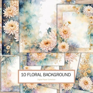 Diseño floral de acuarela de dalias etéreas para invitaciones y decoración: 10 archivos JPG en tamaño carta de EE. UU. con marco de página, beige suave, uso comercial