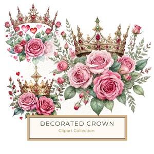 10 coroas elegantes em aquarela com rosas e joias cor-de-rosa, clipart de artesanato para cartões comemorativos especiais, papelaria DIY e muito mais, uso comercial