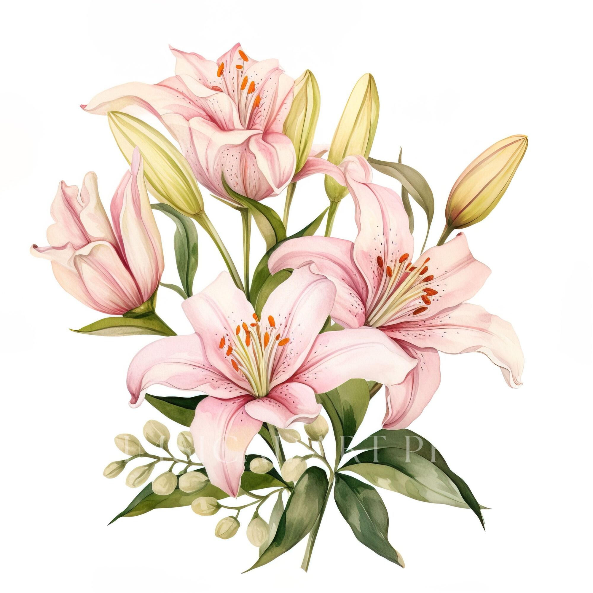ピンクのユリの花束のクリップアート：水彩画の花（PNG、JPG、300 DPI