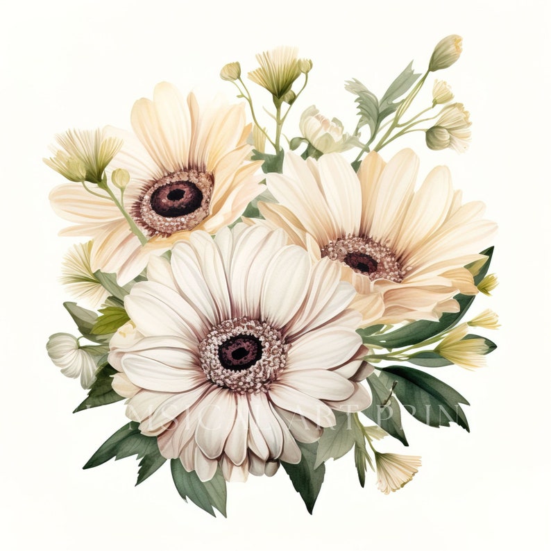 White Gerbera Daisy Clipart, Bouquet Clipart, Watercolor Flower