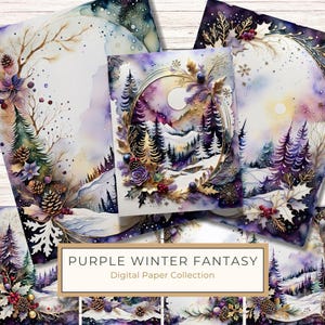 Fantasie winterlandschap aquarel digitaal papierpakket met bloemenlijst - 10 jpg's voor knutselen en decor, US letter-formaat, commercieel gebruik