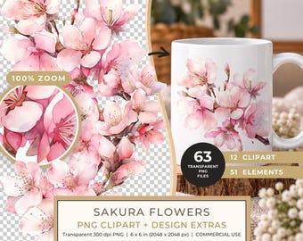 Watercolor Sakura Flowers Clipart: Pink Cherry Blossom Art PNG - Commercial Use