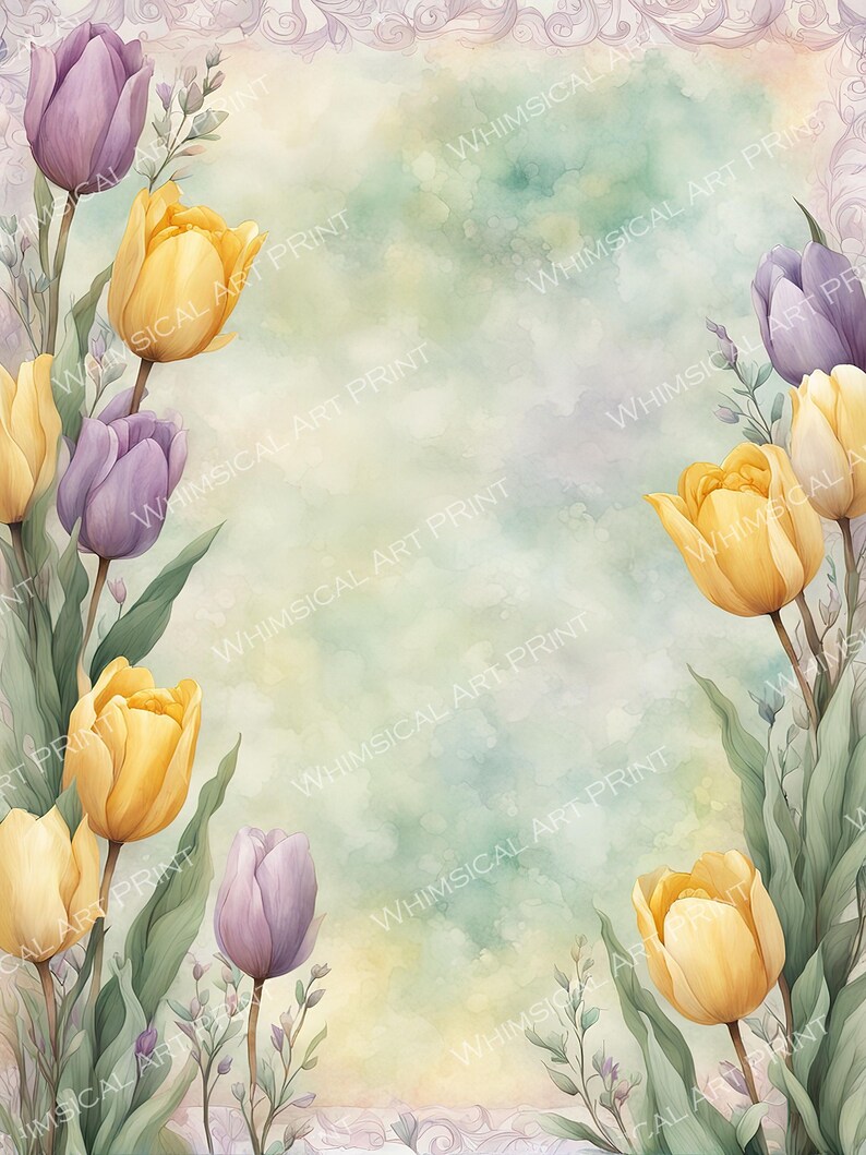 Watercolor Tulip Frame, Lavender & Yellow Floral Border, Digital Paper