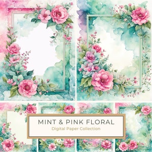 Fondos de acuarela con motivos florales de color rosa para proyectos de arte y scrapbooking, uso comercial, tamaño carta, 10 archivos JPG