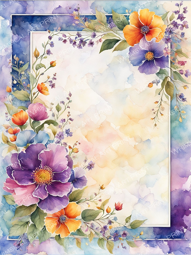 Watercolor Floral Border: Botanical Page Frame (10 Jpgs Digital Print