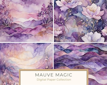 Mauve Magic Abstract Boho Floral Digital Paper Set, Printable Watercolor Backgrounds, Purple Floral Art Printables, 10 JPGs, Commercial Use