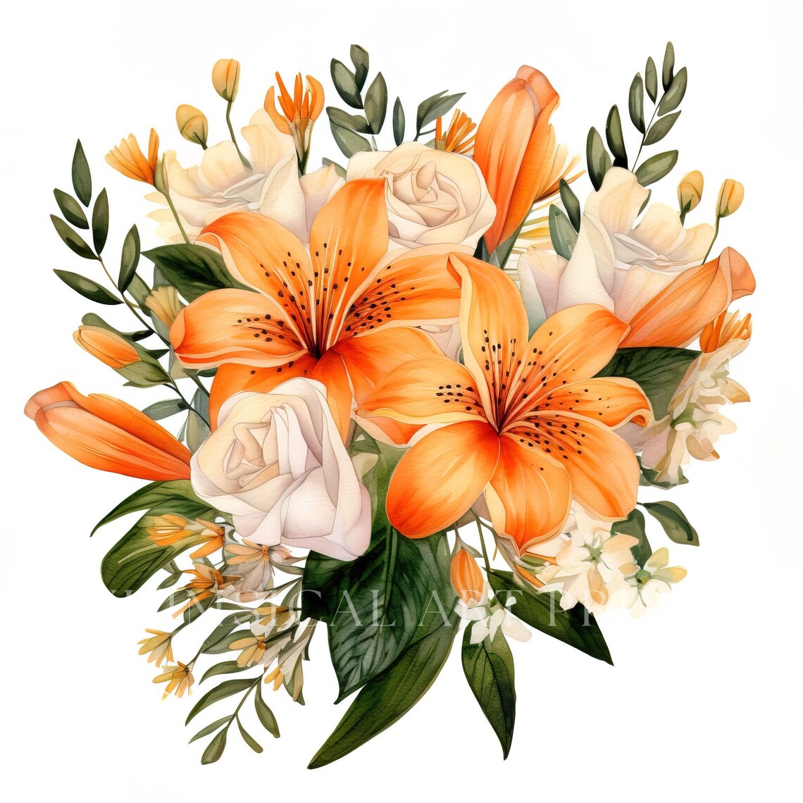 Orange Lily Clipart, Bouquet Clipart, Watercolor Flowers, Orange Lilies