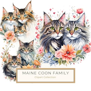 Skurril Aquarell Katzen Clipart Set, Boho Katzenfamilie, Katzenpaar, Maine Coon und Blumen Digitaldruck Kommerzielle Nutzung, 10 JPG & PNG Dateien