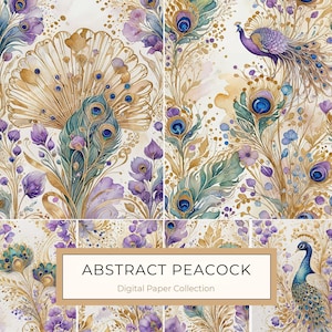 10 aquarel abstract pauwenveermotief met gouden accenten digitale papierset, ideaal voor scrapbooking, kaarten maken, commercieel gebruik JPG's