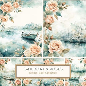 Papier numérique aquarelle voilier et cadre rose, 10 fonds de scène de lac JPG, bordure florale romantique, scrapbooking, journal, usage commercial