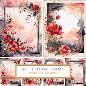 Ensemble de cadre floral aquarelle avec fleurs rouges et touches de noir, bordure de page, album de coupures, impression numérique, usage commercial, 10 JPG
