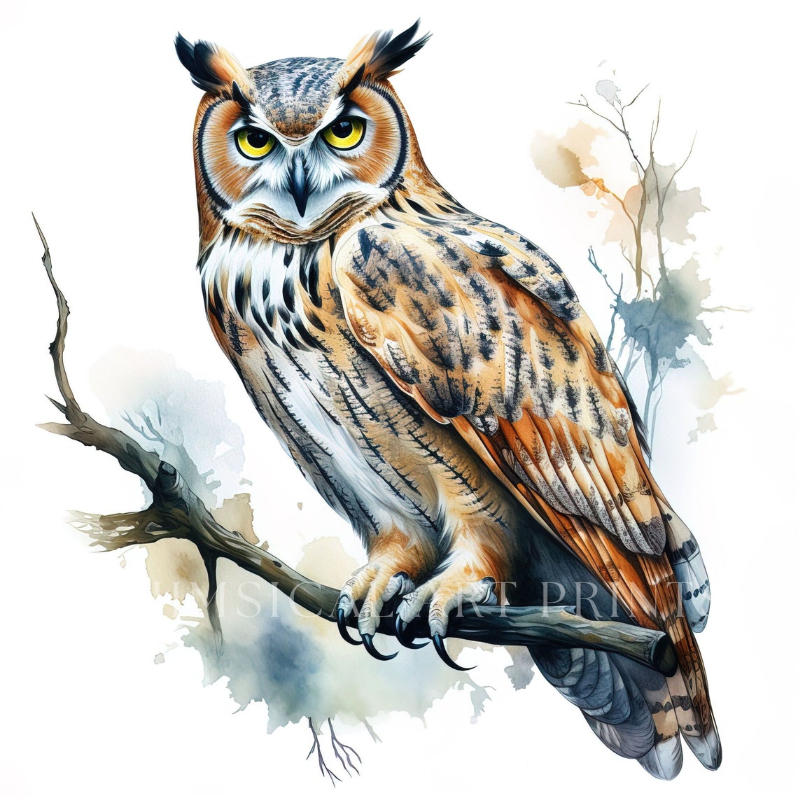 Greathorned Owl Clipart, Bird Clipart, Watercolor Greathorned Owls