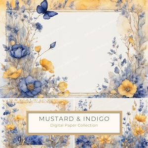 Mosterd en indigo aquarel bloemenlijst digitale papierset, indigo en beige mix, DIY-uitnodigingen, plakboekachtergrond, commercieel gebruik, 10 JPGs