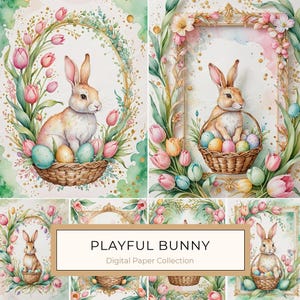 Ensemble de 10 papiers numériques aquarelle lapin et éléments floraux, parfait pour la fabrication de cartes, le scrapbooking, les fichiers JPG à usage commercial