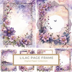 Paquete de papel digital con marco floral lila en acuarela, papel digital bohemio, descarga de archivos JPG morados, impresión digital, uso comercial, tamaño carta 10 archivos JPG