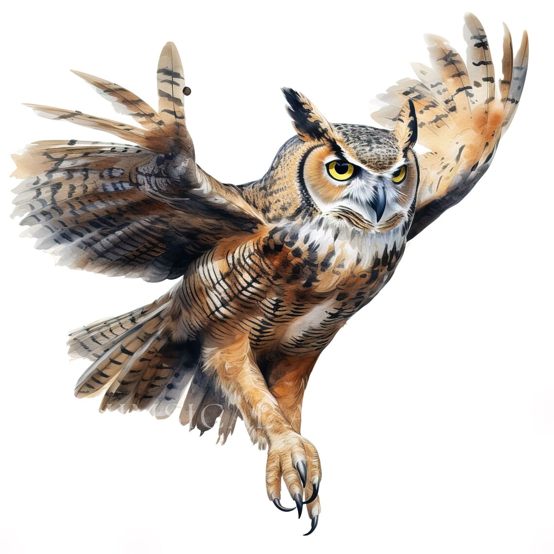 Greathorned Owl Clipart, Bird Clipart, Watercolor Greathorned Owls