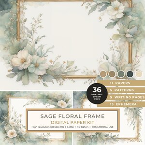 Sage Floral Frame Watercolor Digital Paper Kit: Printable Papers, Cards, Tags, Ephemera