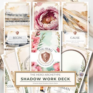 May include: A deck of oracle cards with watercolor illustrations. The cards feature images of a stadium, a pink peony, and abstract designs. Text on the cards includes "BEGIN", "CAUSE", and "THE HERO ARCHETYPE SHADOW WORK DECK". The deck is part of "THE WHIMSICAL APOTHECARY SERIES".