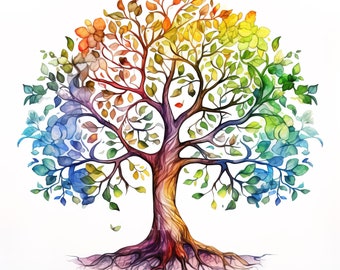 Clipart colorato mistico vecchio albero - disegno intricato dell'albero in stile acquerello - uso commerciale - 10 JPG 300 DPI di alta qualità