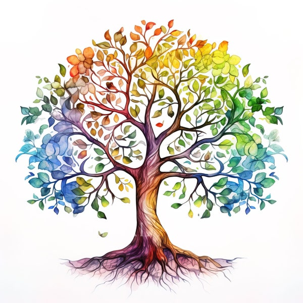 Colorful Mystical Old Tree Clipart - Intricate Tree Design in Watercolor Style - Commercial Use - 10 High-Quality 300 DPI JPG