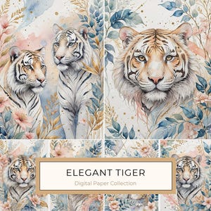 8 Aquarell modernes Tiger-Porträt mit floralen Elementen, Digitales Papier-Set für die Kartenherstellung, Scrapbooking, kommerzielle Nutzung, US Letter Size JPG