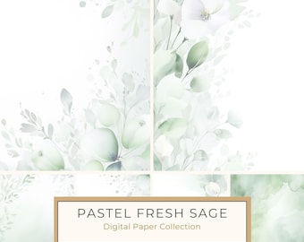 Pastel Fresh Sage Green Background Printable Sheets, Watercolor Sage floral digital paper for scrapbooking, junk journals commercial use