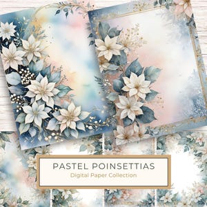 Paquete de papel digital con elegante borde de invierno en acuarela y flores de Pascua blancas, 10 archivos JPG tamaño carta de EE. UU., ideal para tarjetas de felicitación y diarios
