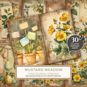 ワイルドフラワーマスタードメドウジャーナルスプレッド：30ページの印刷可能なオープンブック、商用利用可能