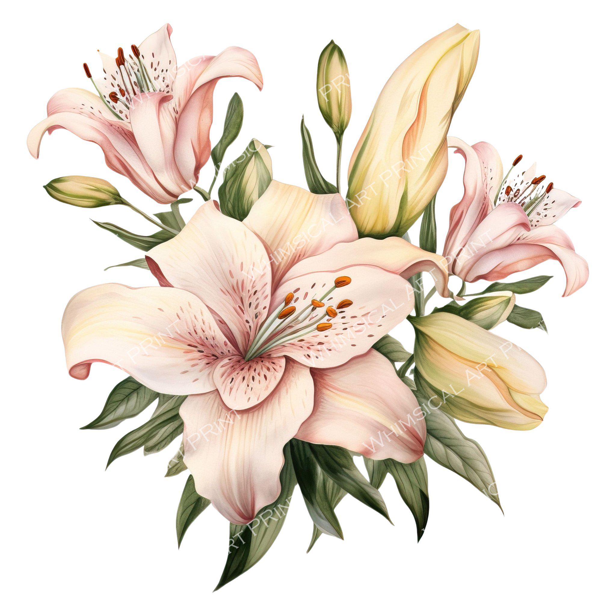 ピンクのユリの花束のクリップアート：水彩画風の花のPNG画像 - 商用